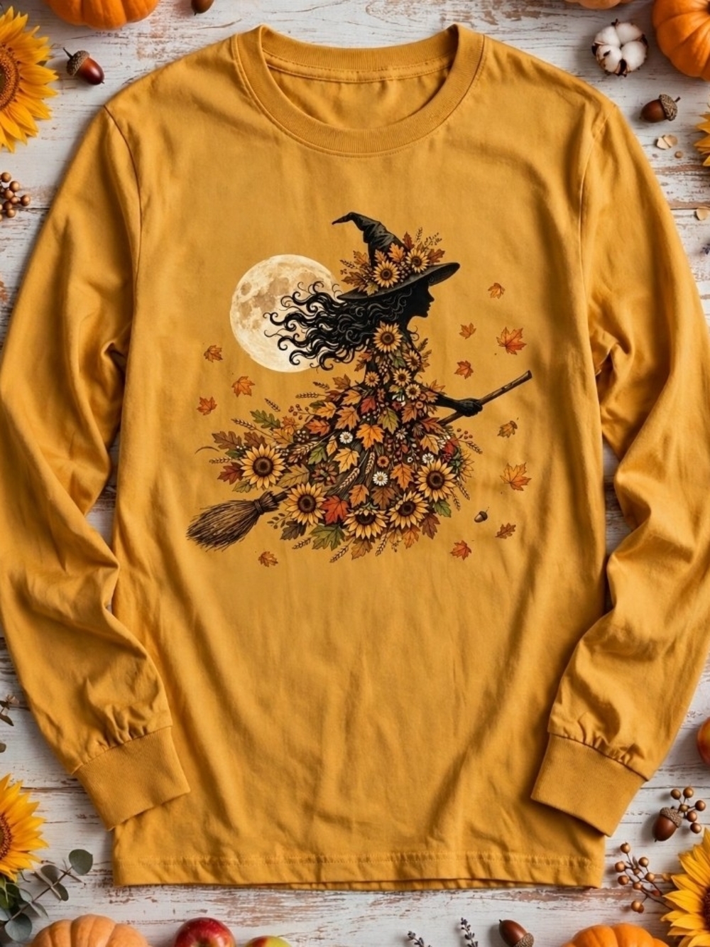 Vintage Floral Witch Halloween Long Sleeve Shirt | Boho Sunflower Pumpkin Black